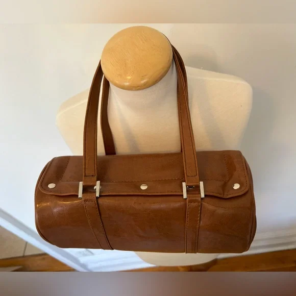Vintage Cognac Brown Barrel Cylinder Shoulder Bag Set w Matching Wallet Y2K - Picture 4 of 9